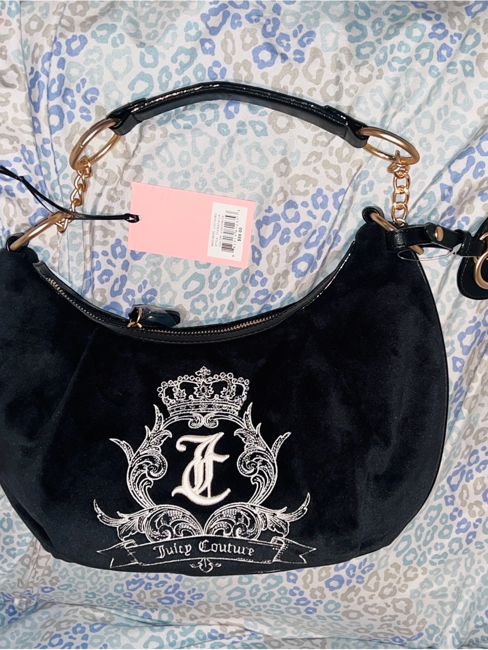 New Black Juicy Couture Purse Handbag Shoulder Bag Velour Vintage Style Hobo